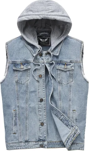 Men's Denim Vest Casual Button Stretchy Distressed Jean Sleeveless Jacket with Hood