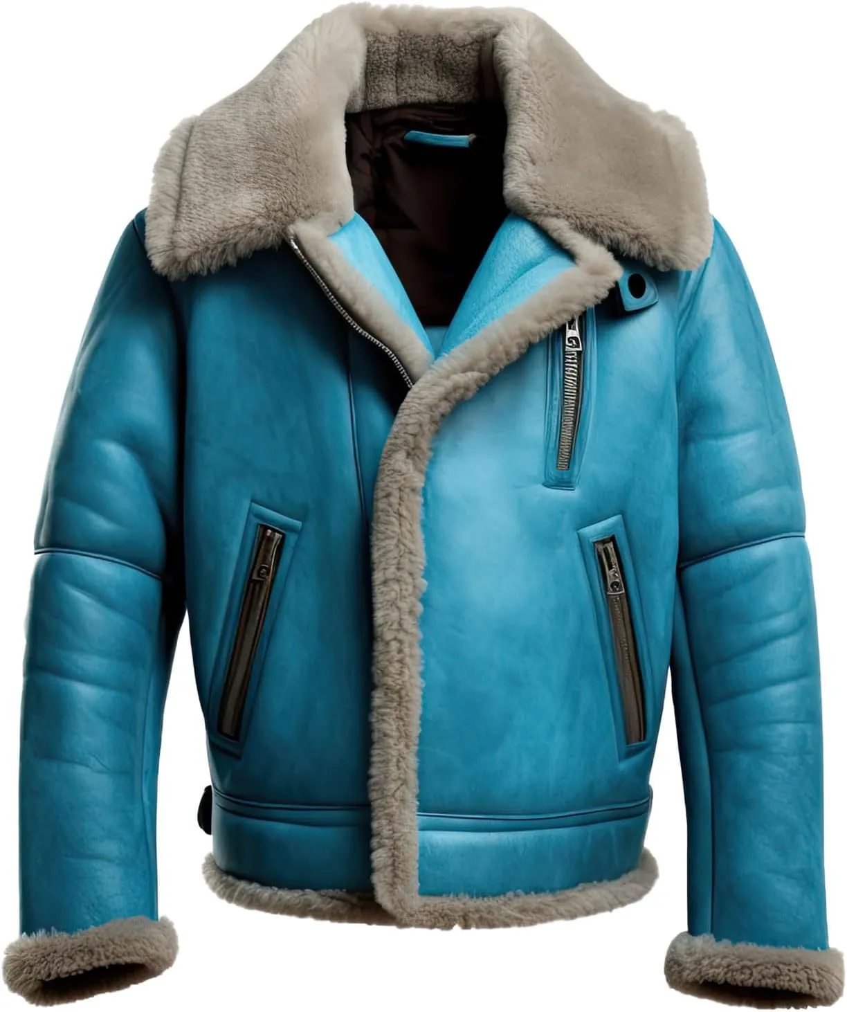 Men’s Distressed Aqua Blue B3 Genuine Sheepskin Sherpa Shearling Faux Fur Collar Classy Aviator Bomber Leather Jacket