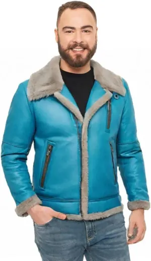 Men’s Distressed Aqua Blue B3 Genuine Sheepskin Sherpa Shearling Faux Fur Collar Classy Aviator Bomber Leather Jacket