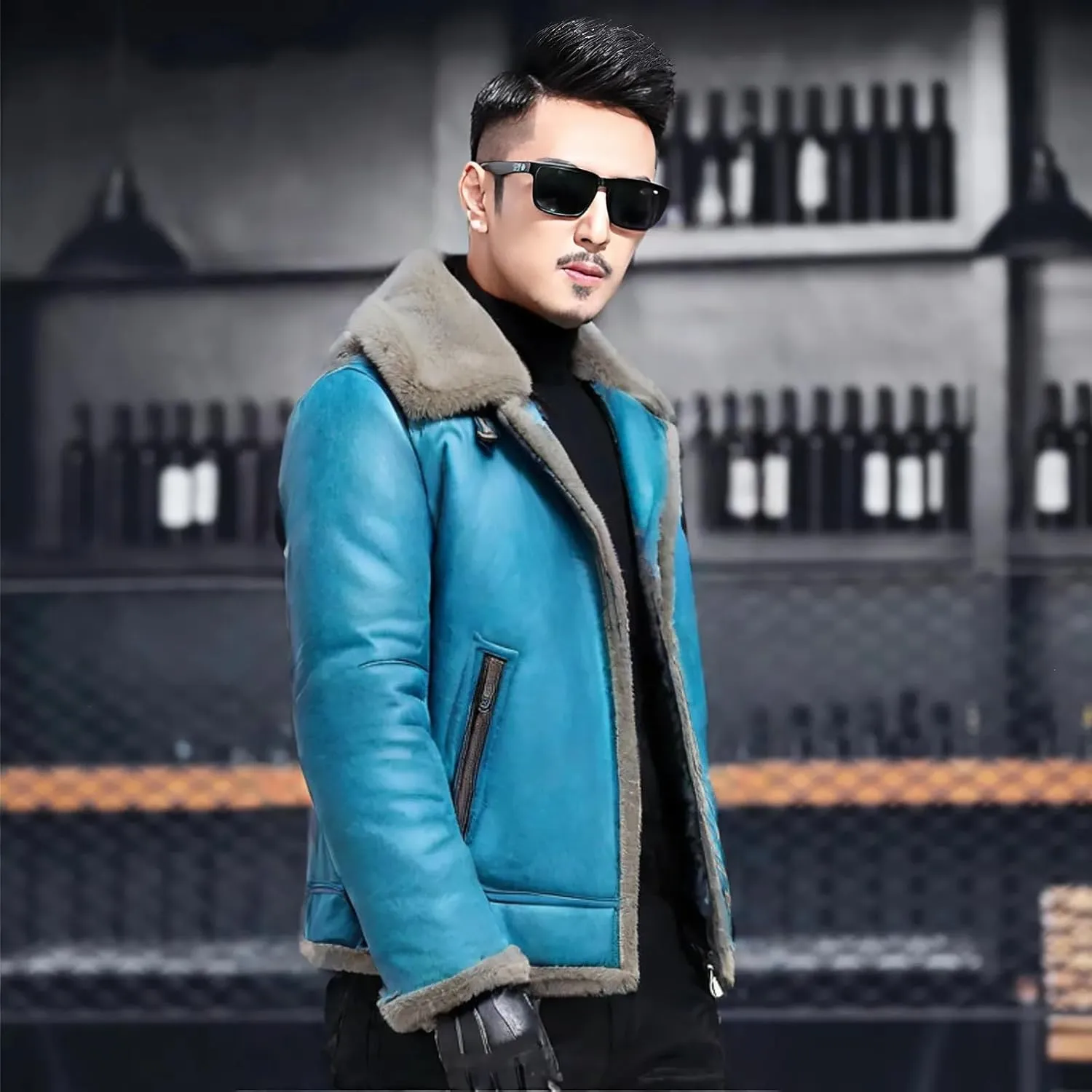 Men’s Distressed Aqua Blue B3 Genuine Sheepskin Sherpa Shearling Faux Fur Collar Classy Aviator Bomber Leather Jacket