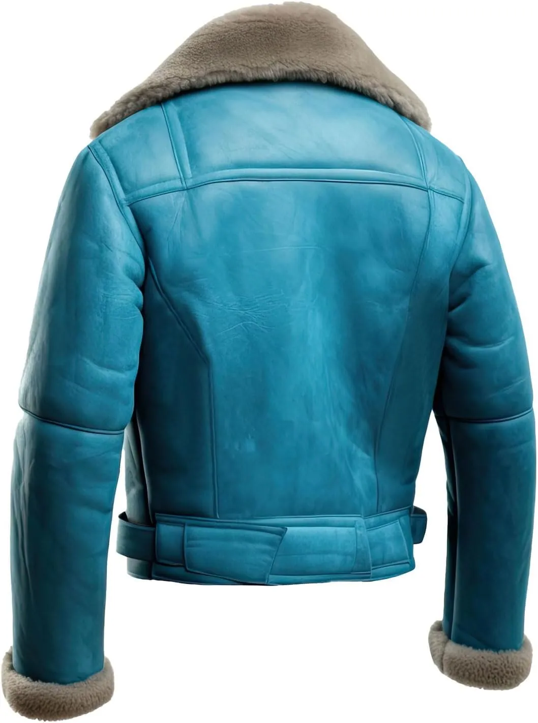 Men’s Distressed Aqua Blue B3 Genuine Sheepskin Sherpa Shearling Faux Fur Collar Classy Aviator Bomber Leather Jacket