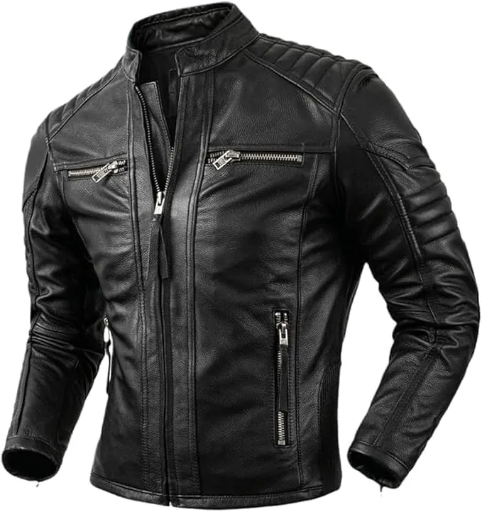 Men’s Distressed Black or Brown Cowhide Leather Slim Fit Motorcycle Jacket | Quilted Moto Rider Style Vintage Biker Coat