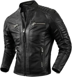 Men’s Distressed Black or Brown Cowhide Leather Slim Fit Motorcycle Jacket | Quilted Moto Rider Style Vintage Biker Coat
