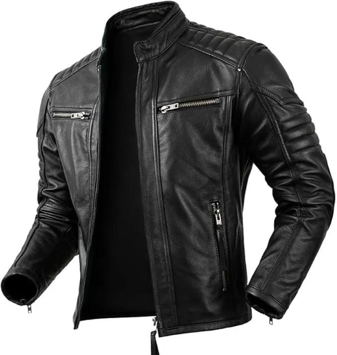 Men’s Distressed Black or Brown Cowhide Leather Slim Fit Motorcycle Jacket | Quilted Moto Rider Style Vintage Biker Coat