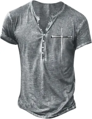 Mens Distressed Short/Long Sleeves Henley Shirt Jesus Cross Nail Print Retro Button Down V Neck Shirts for Men