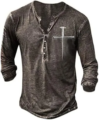 Mens Distressed Short/Long Sleeves Henley Shirt Jesus Cross Nail Print Retro Button Down V Neck Shirts for Men
