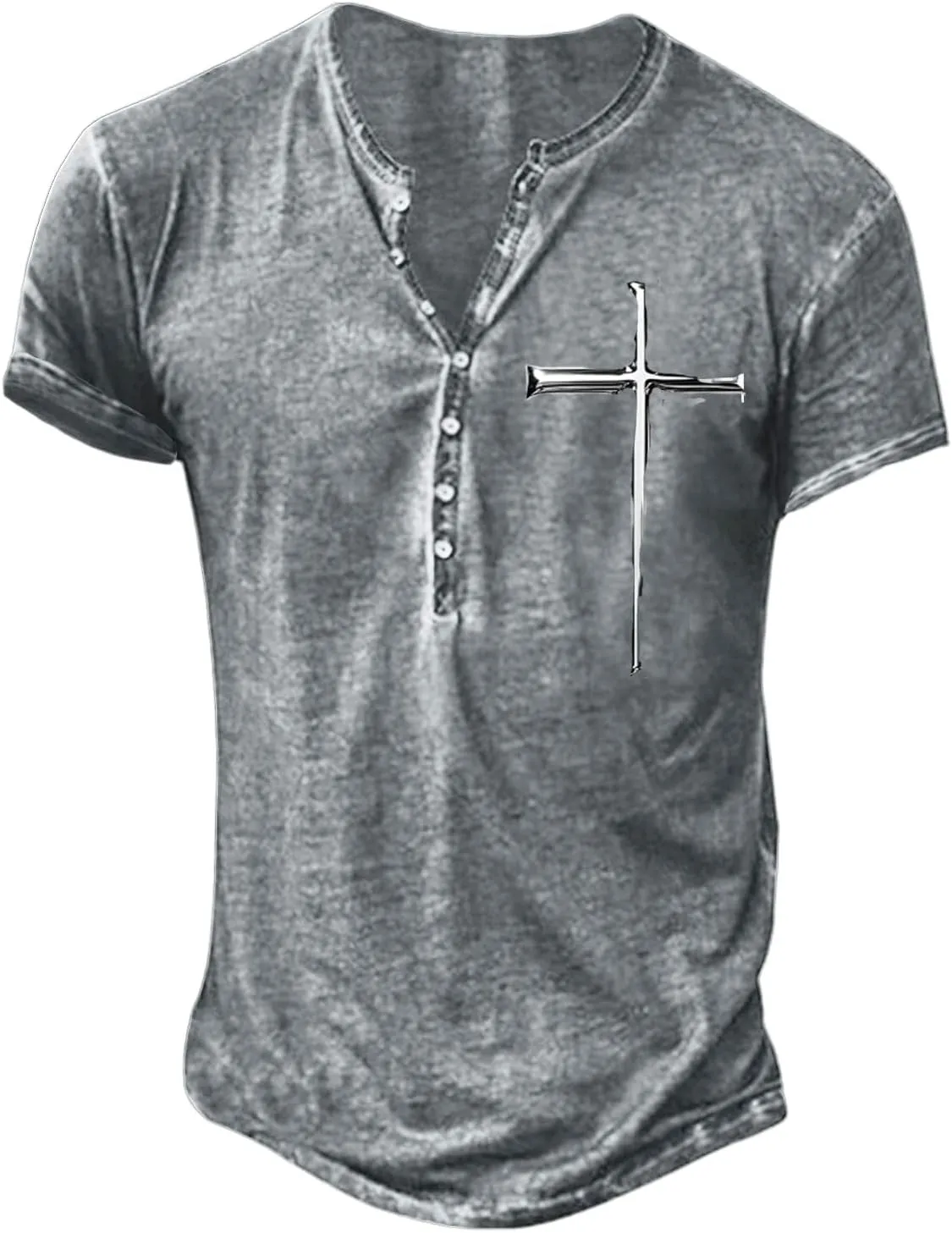 Mens Distressed Short/Long Sleeves Henley Shirt Jesus Cross Nail Print Retro Button Down V Neck Shirts for Men