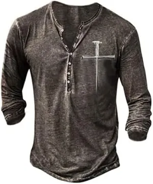 Mens Distressed Short/Long Sleeves Henley Shirt Jesus Cross Nail Print Retro Button Down V Neck Shirts for Men