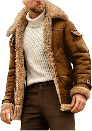 Men's Faux Fur Jacket Lined Fleece Shearling Coat Warm Military Cargo Trucker Aviator Bomber Jacket Outwear (Color : Brown, Size : 3X-Large)