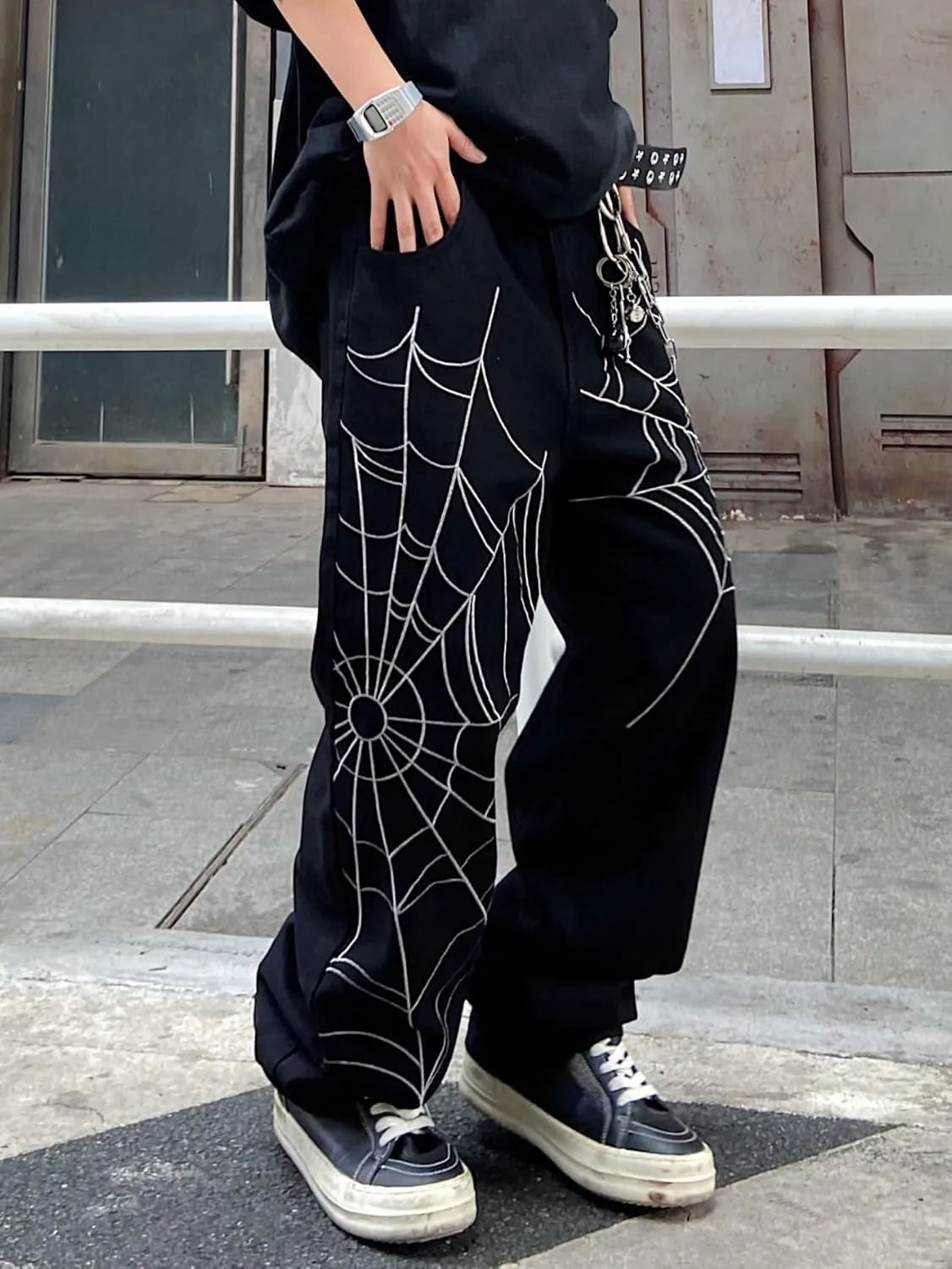 Men's Hip-hop Embroidered Baggy Jeans Loose Fit Denim Black Trousers