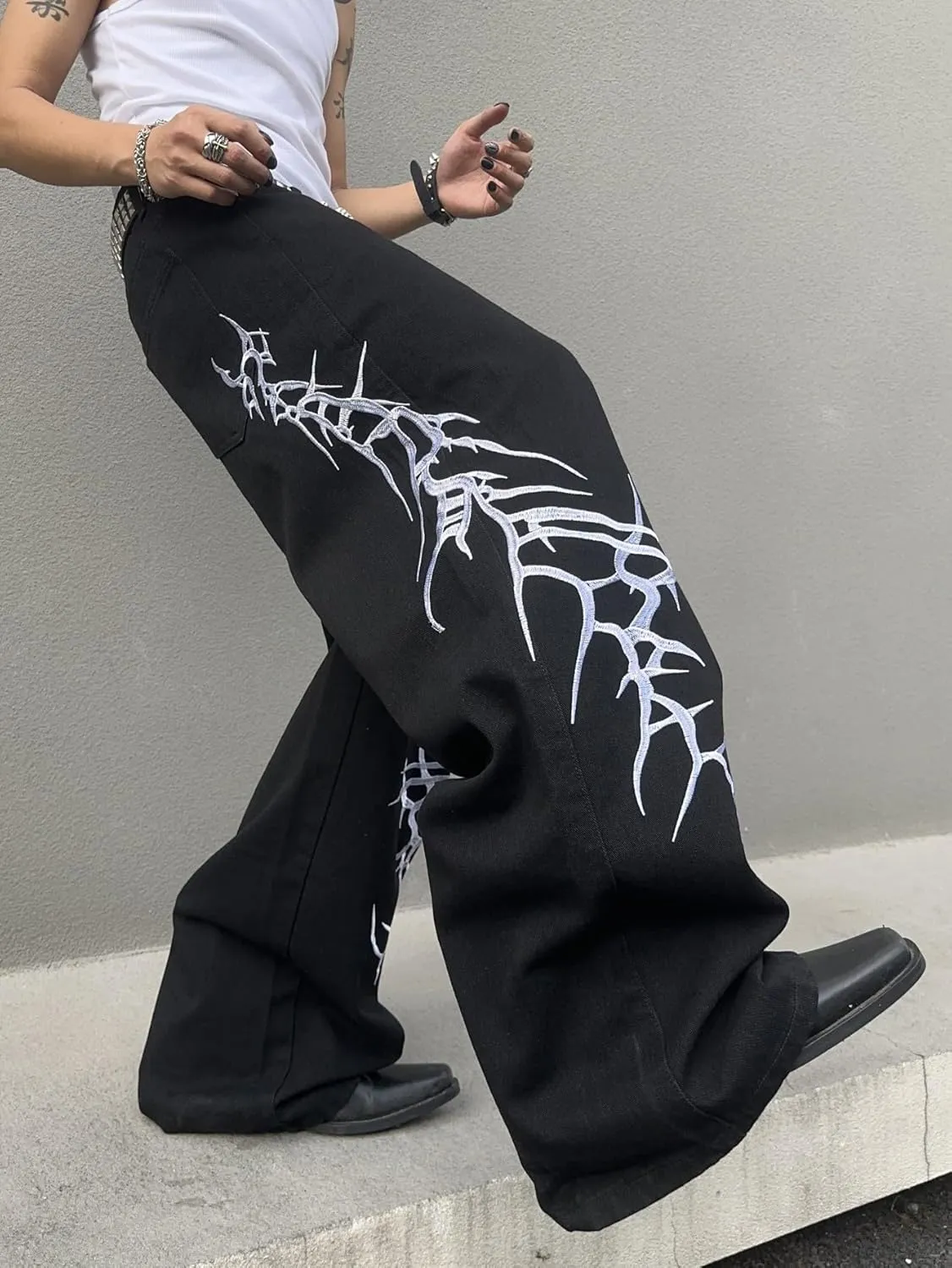 Men's Hip-hop Embroidered Baggy Jeans Loose Fit Denim Black Trousers