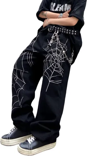 Men's Hip-hop Embroidered Baggy Jeans Loose Fit Denim Black Trousers