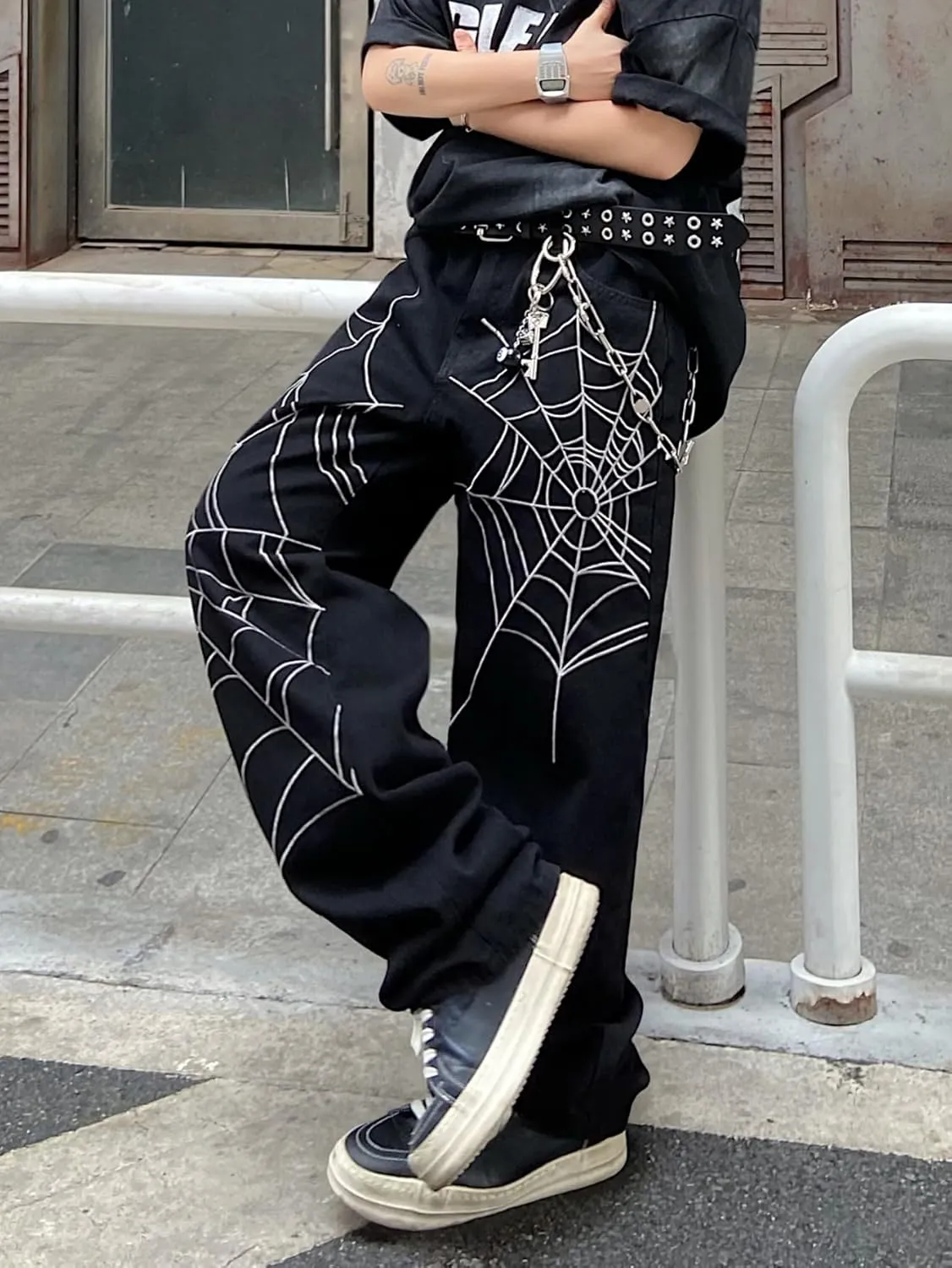 Men's Hip-hop Embroidered Baggy Jeans Loose Fit Denim Black Trousers