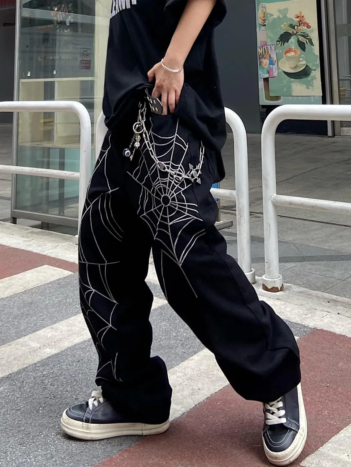 Men's Hip-hop Embroidered Baggy Jeans Loose Fit Denim Black Trousers