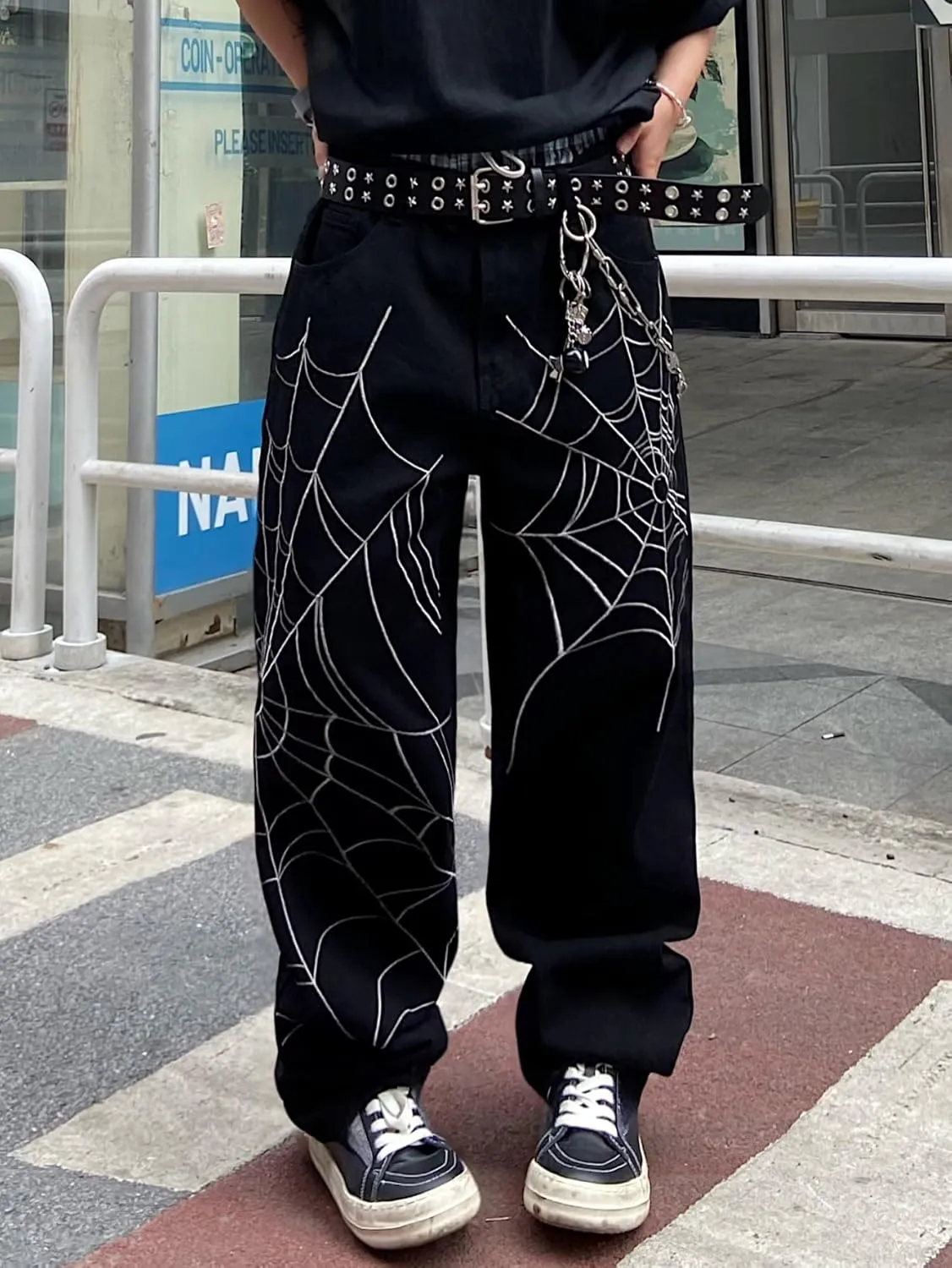 Men's Hip-hop Embroidered Baggy Jeans Loose Fit Denim Black Trousers