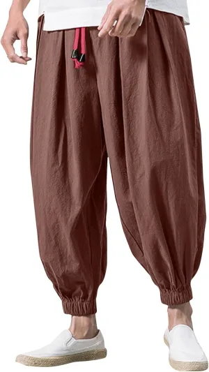 Mens Hippie Harem Pants Casual Elastic Drawstring Tapered Pants Solid Color Baggy Yoga Drop Crotch Trouser