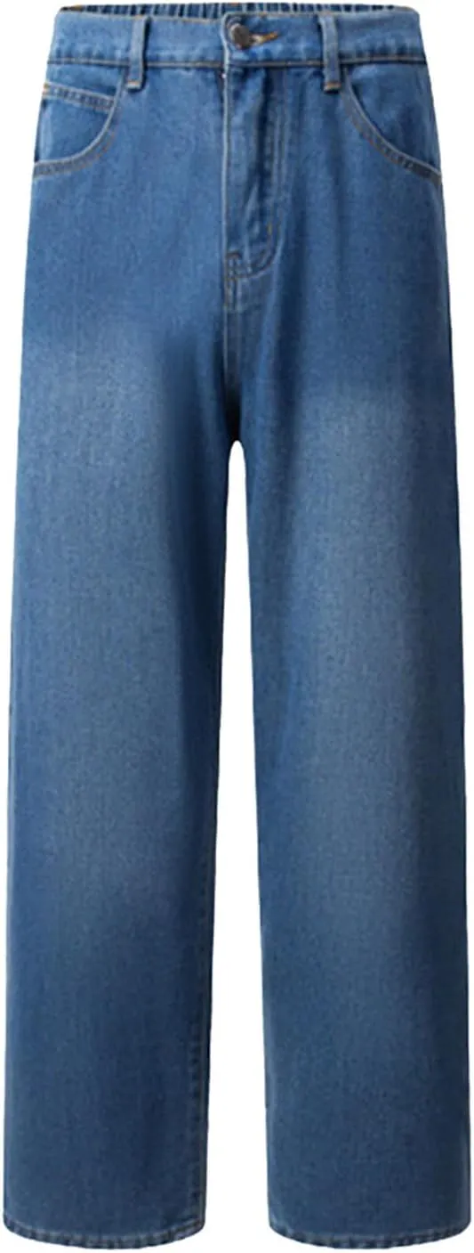 Mens Jeans, Mens Wide Leg Jeans Elastic Waist Baggy Jeans Casual Fashion Drawstring Denim Pants Trousers with Pockets