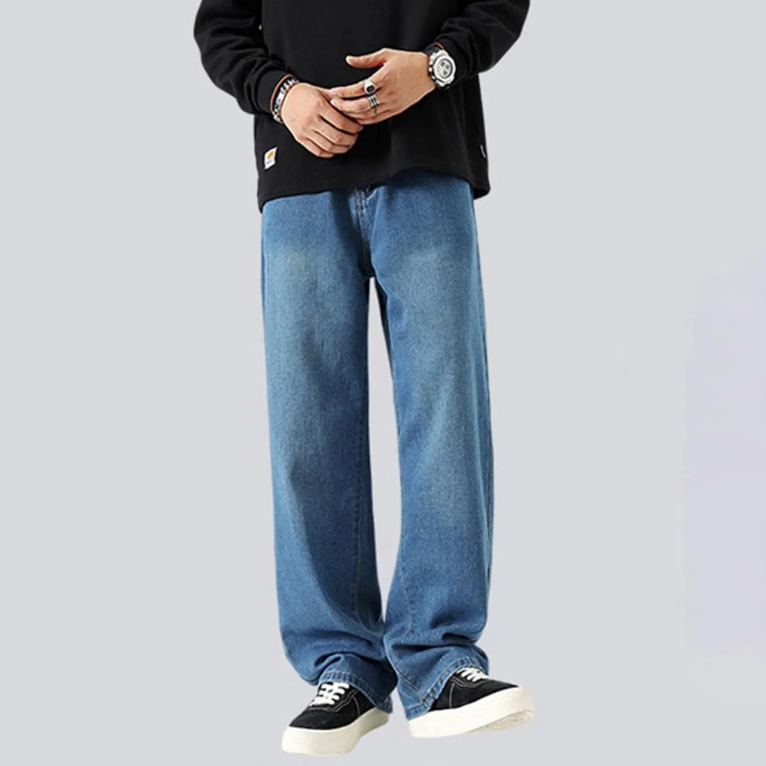 Mens Jeans, Mens Wide Leg Jeans Elastic Waist Baggy Jeans Casual Fashion Drawstring Denim Pants Trousers with Pockets