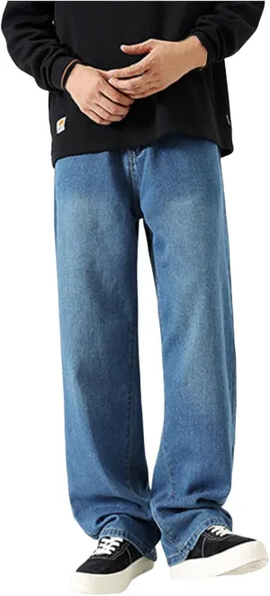 Mens Jeans, Mens Wide Leg Jeans Elastic Waist Baggy Jeans Casual Fashion Drawstring Denim Pants Trousers with Pockets