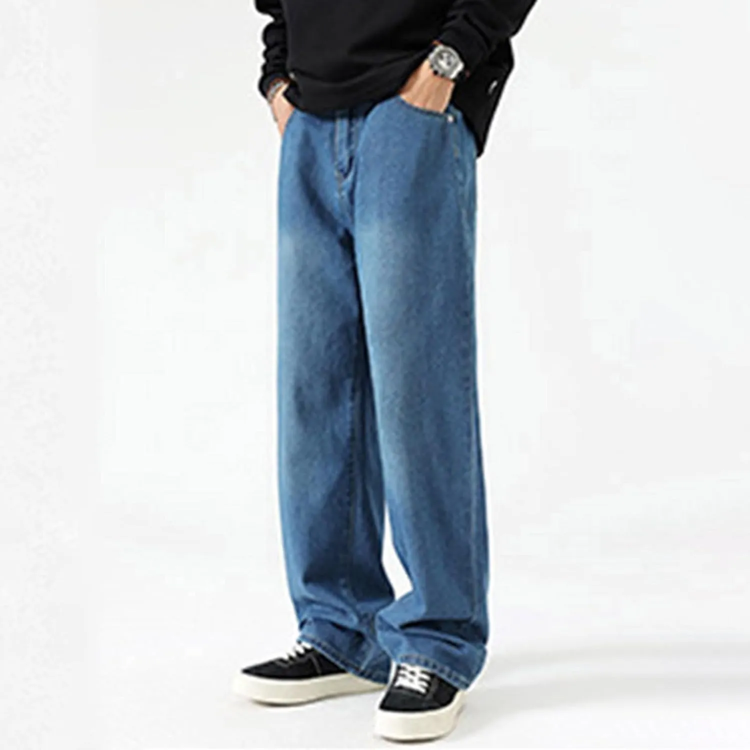 Mens Jeans, Mens Wide Leg Jeans Elastic Waist Baggy Jeans Casual Fashion Drawstring Denim Pants Trousers with Pockets