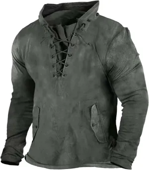 Men's Lace Up Distressed Hoodie Washed Distressed Work Military Tactical Pollover Tops Outdoor Sport Sweatshirt with Pockets