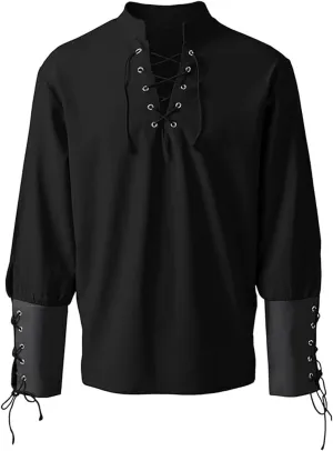 Men's Linen Shirt Casual Long Sleeve V Neck Lace Up Renaissance Medieval Shirt Gothic Pirate Shirts Vintage Tops