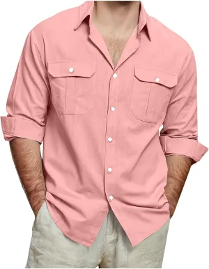 Mens Linen Shirt Long Sleeve Button Down Solid Color Beach Hawaiian Shirts Plus Size Loose Blouse with Pocket 2025