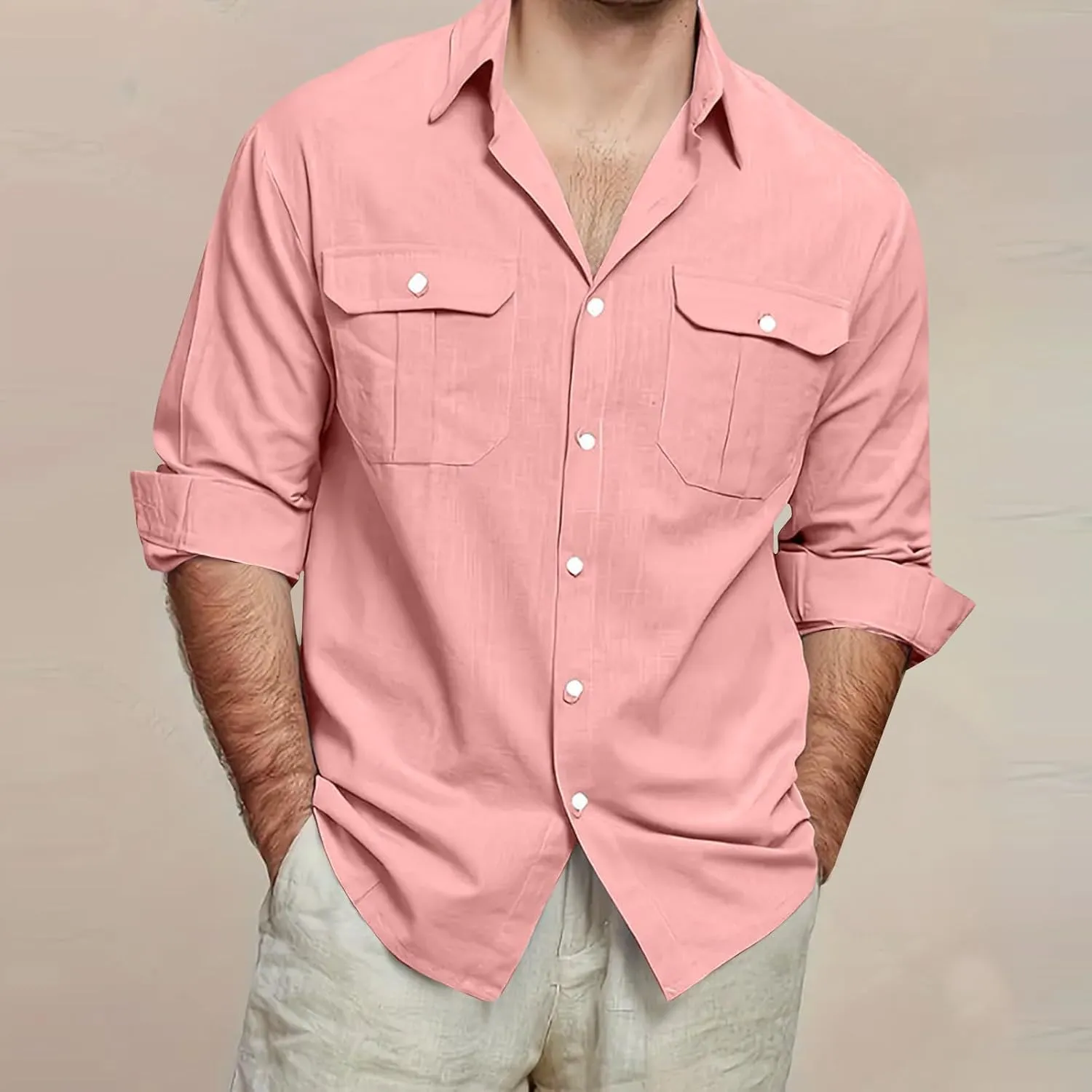 Mens Linen Shirt Long Sleeve Button Down Solid Color Beach Hawaiian Shirts Plus Size Loose Blouse with Pocket 2025