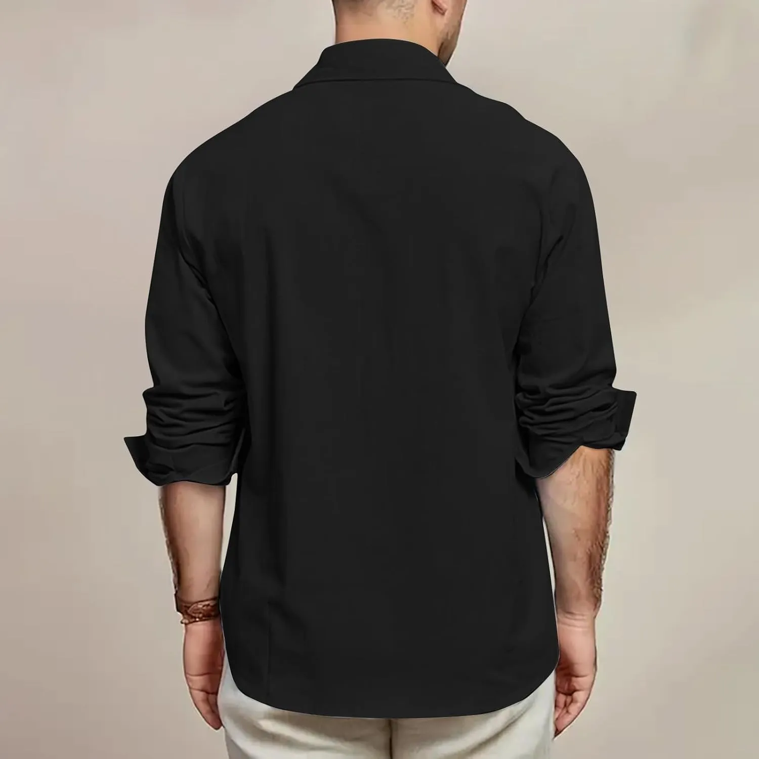Mens Linen Shirt Long Sleeve Button Down Solid Color Beach Hawaiian Shirts Plus Size Loose Blouse with Pocket 2025