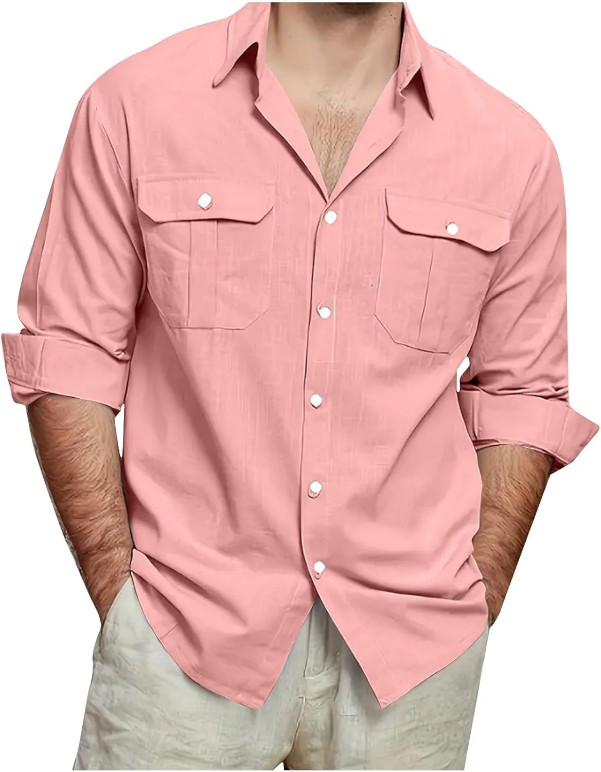 Mens Linen Shirt Long Sleeve Button Down Solid Color Beach Hawaiian Shirts Plus Size Loose Blouse with Pocket 2025