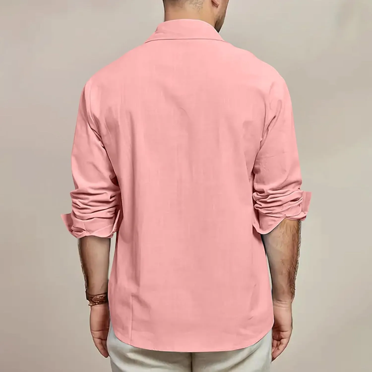 Mens Linen Shirt Long Sleeve Button Down Solid Color Beach Hawaiian Shirts Plus Size Loose Blouse with Pocket 2025