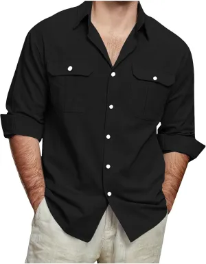 Mens Linen Shirt Long Sleeve Button Down Solid Color Beach Hawaiian Shirts Plus Size Loose Blouse with Pocket 2025
