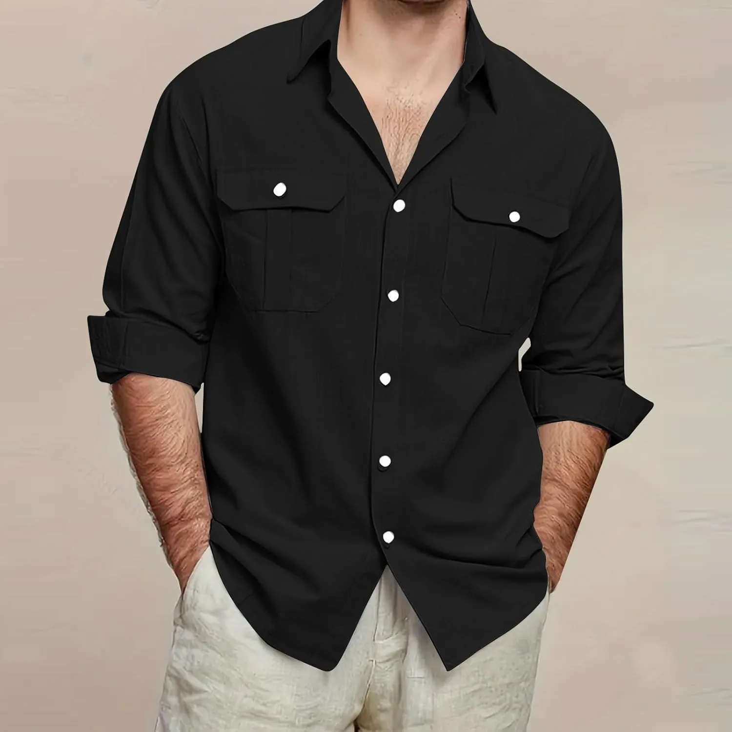 Mens Linen Shirt Long Sleeve Button Down Solid Color Beach Hawaiian Shirts Plus Size Loose Blouse with Pocket 2025
