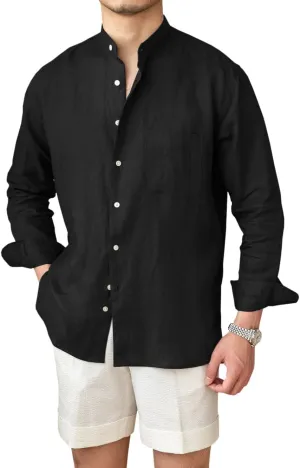 Men’s Linen Shirts Casual Long Sleeve Buttons Down Solid Shirt Summer Beach
