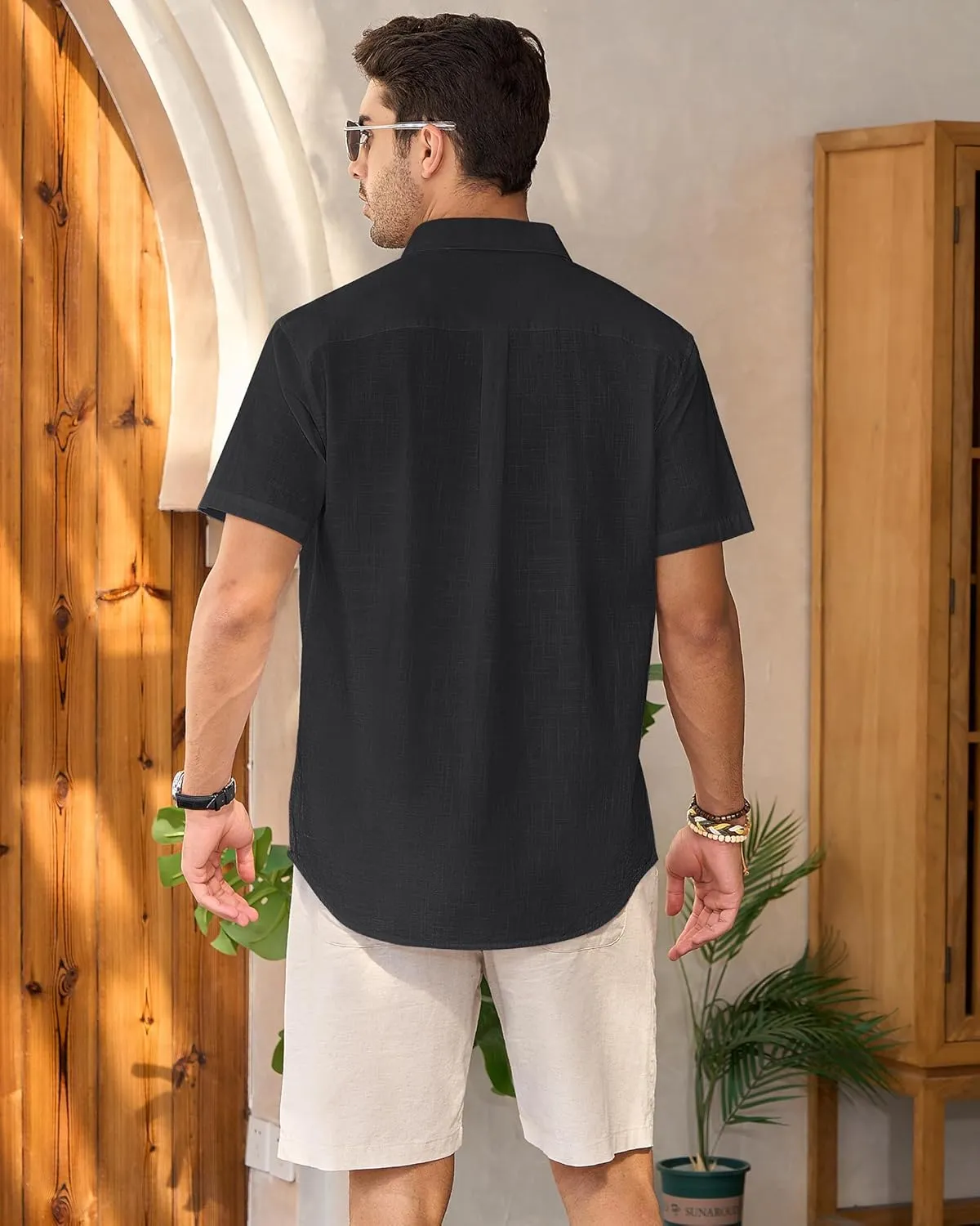 Mens Linen Shirts Short Sleeve Button Down Shirt Casual Cuban Guayabera Lightweight Summer Beach Solid Tops