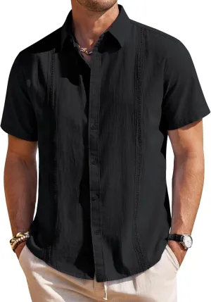 Mens Linen Shirts Short Sleeve Button Down Shirt Casual Cuban Guayabera Lightweight Summer Beach Solid Tops