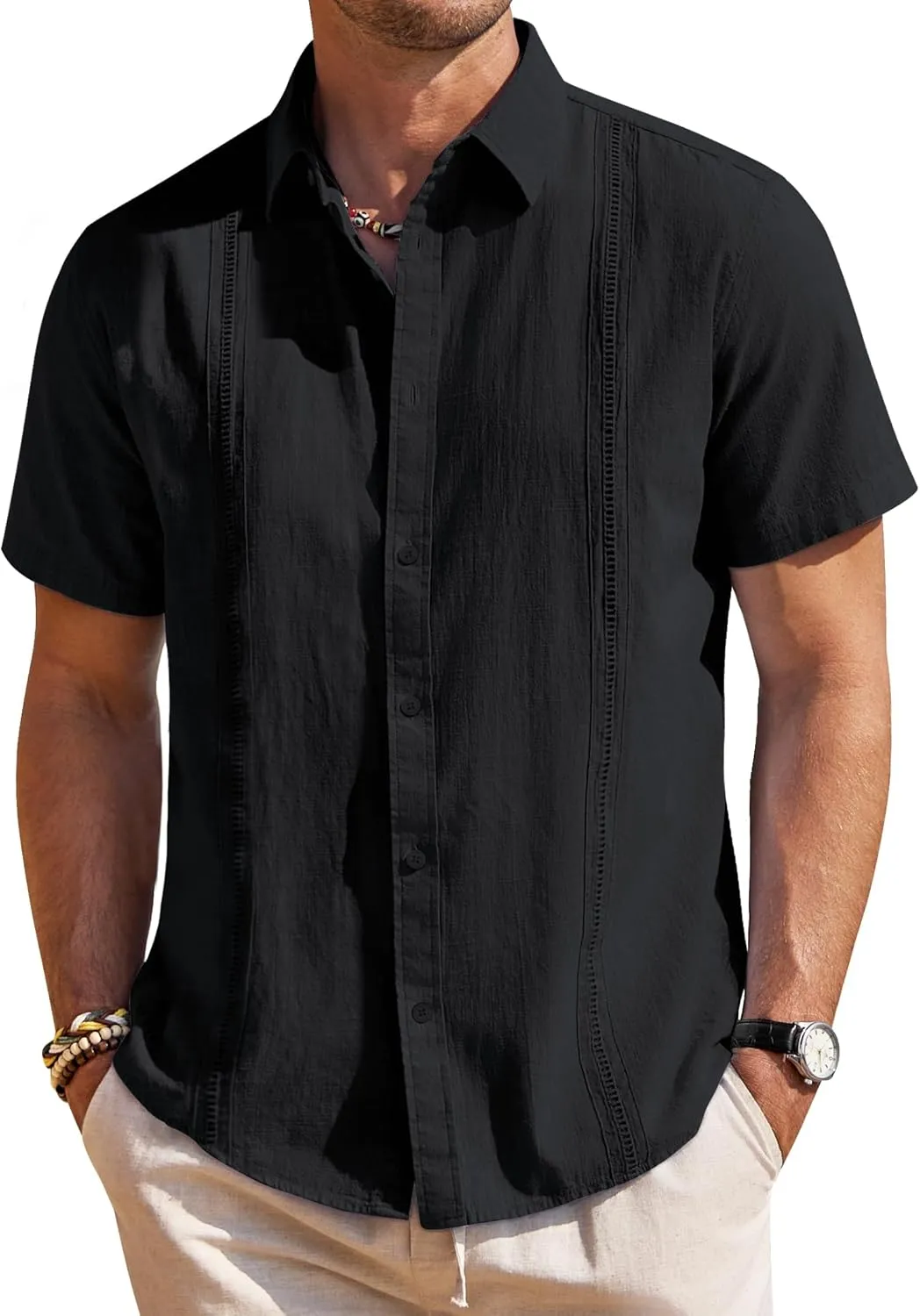 Mens Linen Shirts Short Sleeve Button Down Shirt Casual Cuban Guayabera Lightweight Summer Beach Solid Tops
