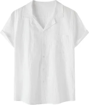 Men's Linen Shirts Slim Fit Button Down Lapel Solid Color Shirt Tops Trendy Short-Sleeve 2025 Summer Beach Outfits