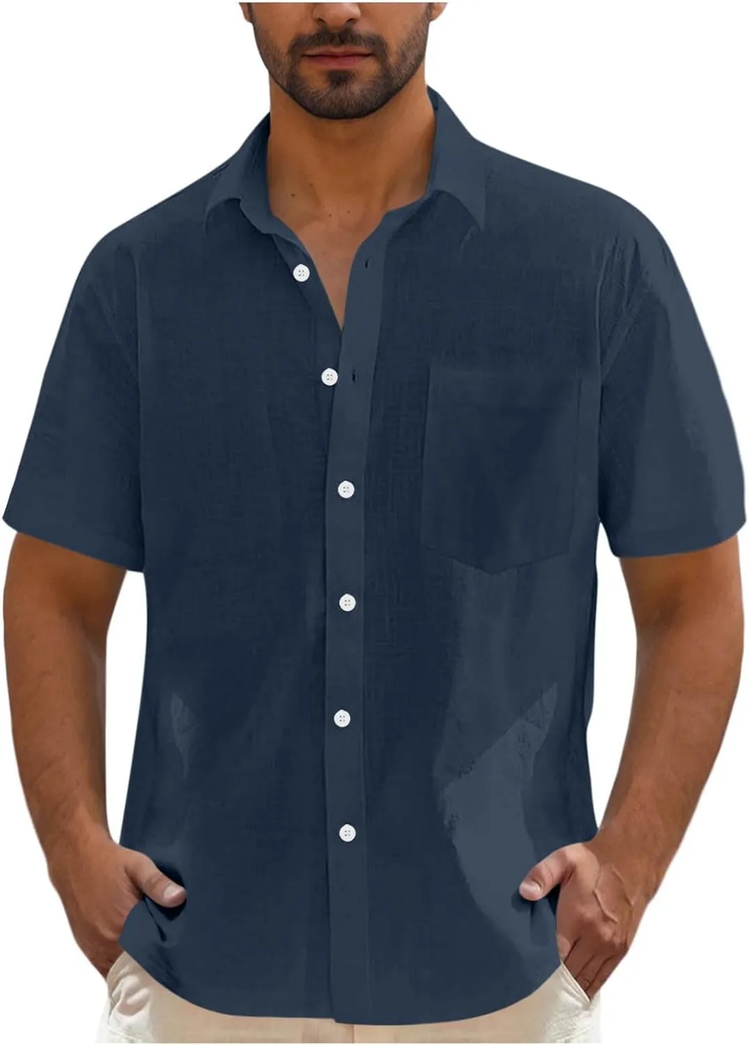 Men's Linen Shirts Summer Solid Color Short Sleeve Tops with Pockets Casual Stylish Lightweight Dress Beach Blouse