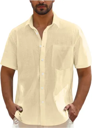 Men's Linen Shirts Summer Solid Color Short Sleeve Tops with Pockets Casual Stylish Lightweight Dress Beach Blouse