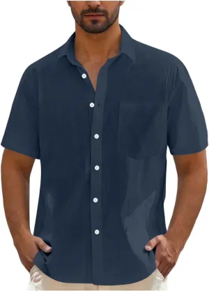 Men's Linen Shirts Summer Solid Color Short Sleeve Tops with Pockets Casual Stylish Lightweight Dress Beach Blouse