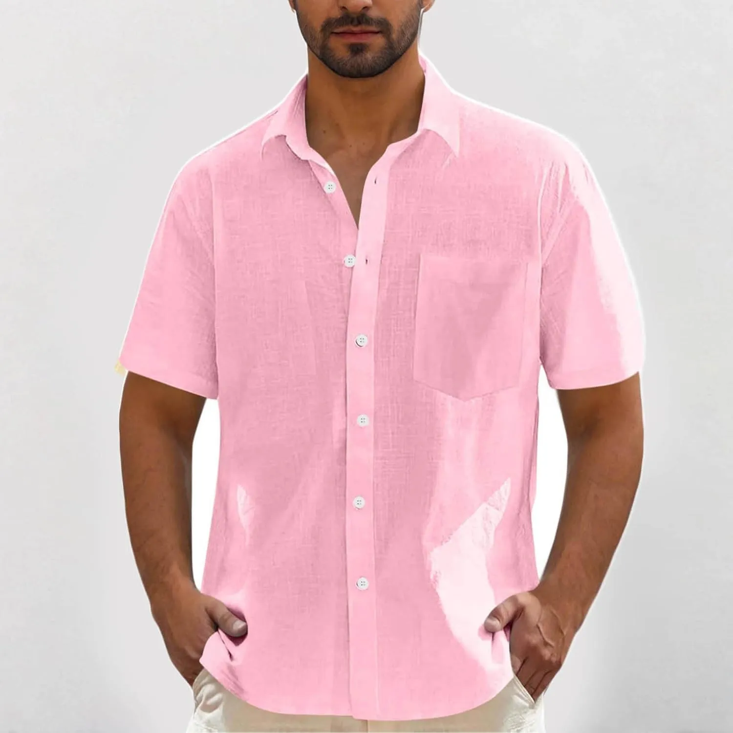 Men's Linen Shirts Summer Solid Color Short Sleeve Tops with Pockets Casual Stylish Lightweight Dress Beach Blouse