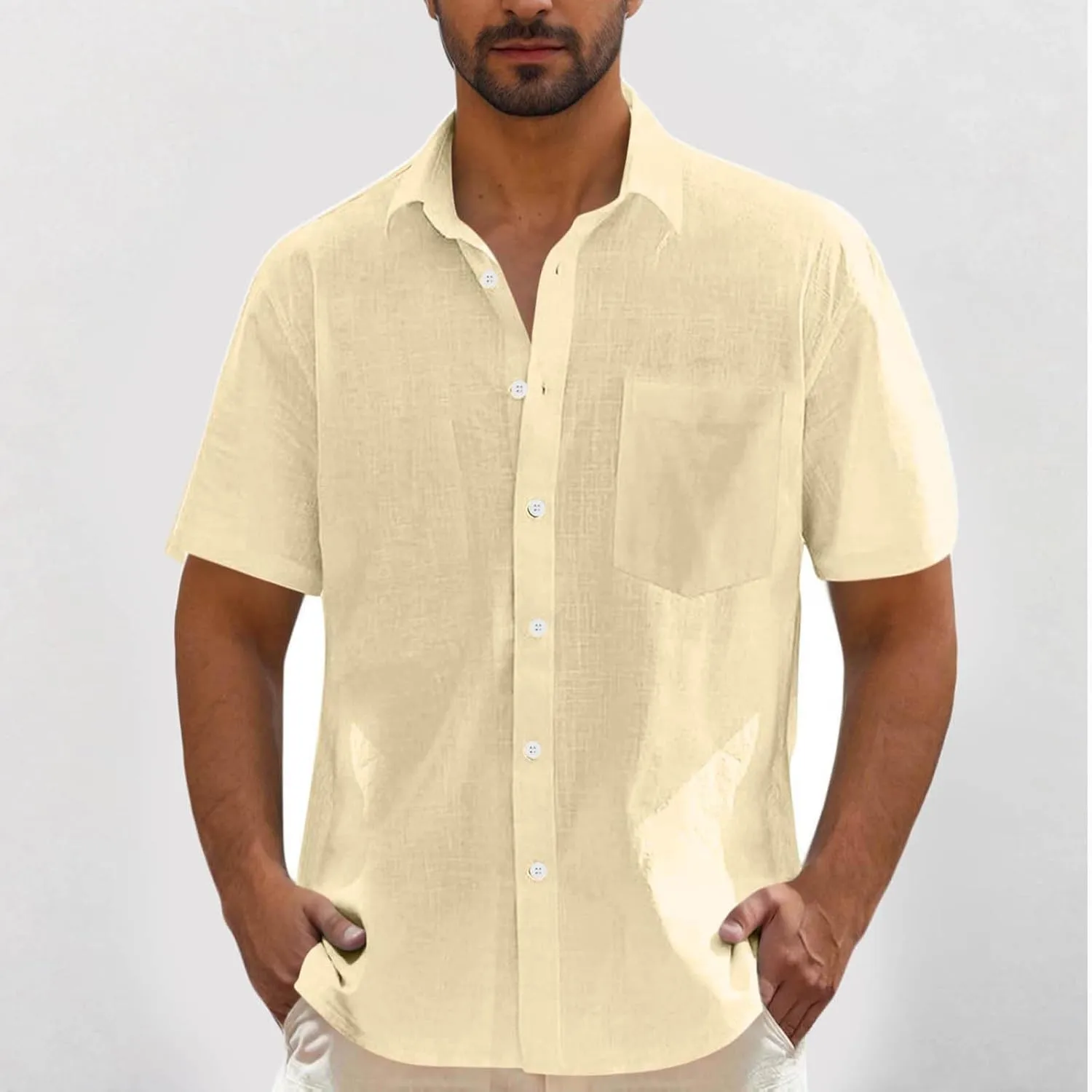 Men's Linen Shirts Summer Solid Color Short Sleeve Tops with Pockets Casual Stylish Lightweight Dress Beach Blouse