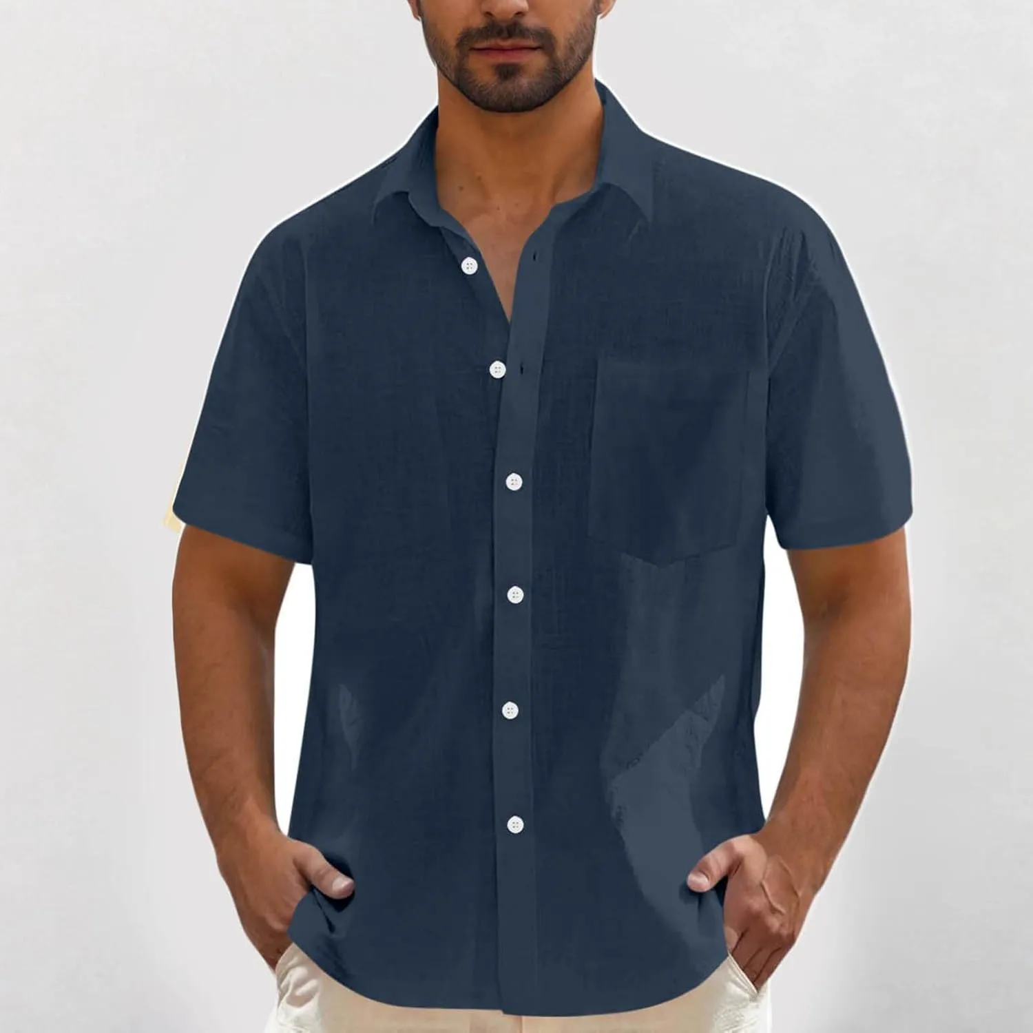 Men's Linen Shirts Summer Solid Color Short Sleeve Tops with Pockets Casual Stylish Lightweight Dress Beach Blouse