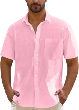 Men's Linen Shirts Summer Solid Color Short Sleeve Tops with Pockets Casual Stylish Lightweight Dress Beach Blouse