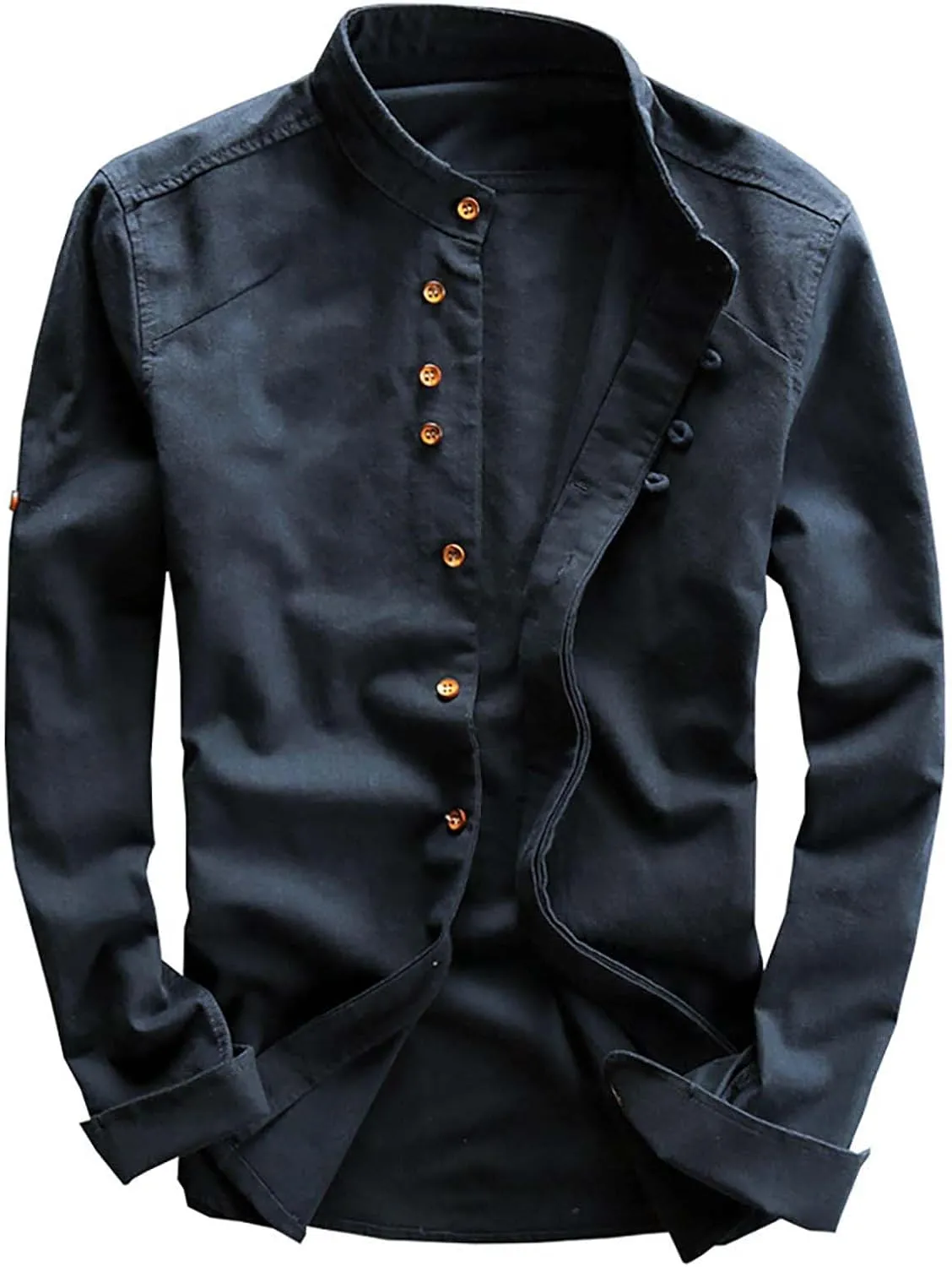 Men's Long Sleeved Shirt Casual Linen Retro Chinese Slim Stand Up Collar Slim Shirt Jacket Button Down Collar