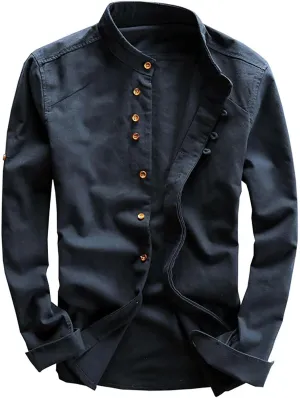 Men's Long Sleeved Shirt Casual Linen Retro Chinese Slim Stand Up Collar Slim Shirt Jacket Button Down Collar