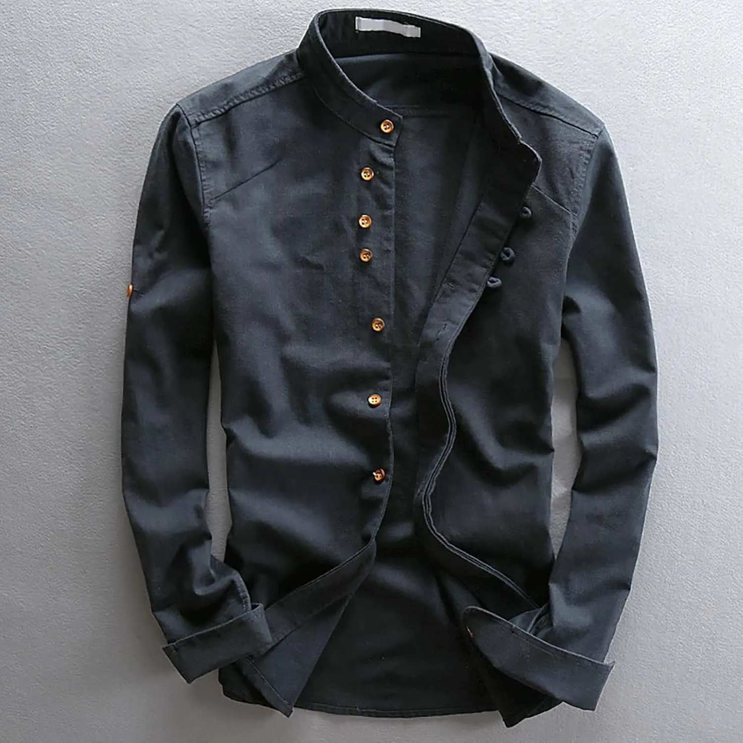 Men's Long Sleeved Shirt Casual Linen Retro Chinese Slim Stand Up Collar Slim Shirt Jacket Button Down Collar