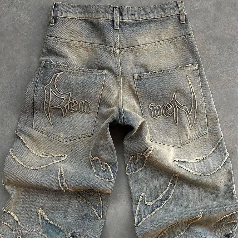 Men's Loose Casual Pants American y2k Retro Harajuku Style bat Pattern Embroidered Jeans Fashionable Streetwear