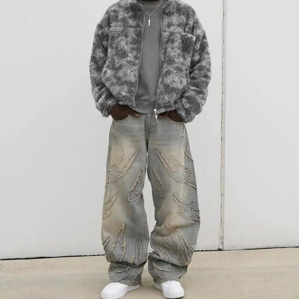 Men's Loose Casual Pants American y2k Retro Harajuku Style bat Pattern Embroidered Jeans Fashionable Streetwear